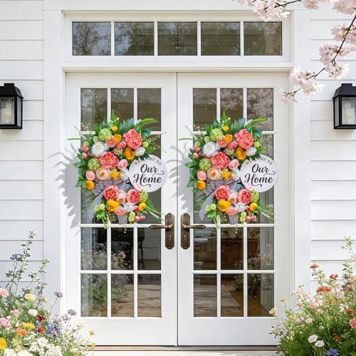 Spring Summer Wreaths for Front Door 24 Inch, Half Moon Wreath with Peony, Rose & Dalia, Outdoor Spring Wreaths for Front Door Outside, Summer Wreath for Front Door Farmhouse Welcome Sign Door Decor - Image 5