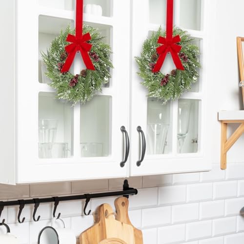 6 Pcs 15inchs Small Christmas Wreath for Kitchen Cabinets Mini Xmas Wreaths with Ribbon Christmas Decorations Candle Rings Red Berry Pine Cone Wreaths for Windows Farmhouse Xmas Decor - Image 3