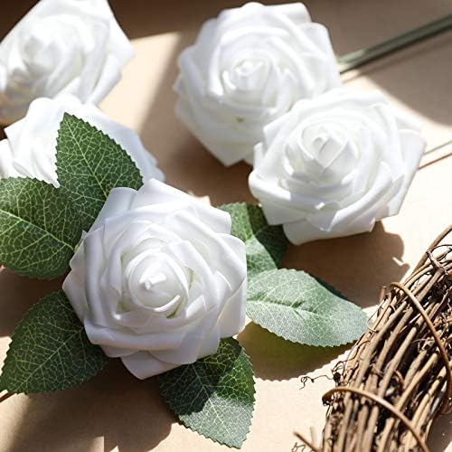 AmyHomie White Rose 50pcs Real Looking Artificial Flowers w/Stem - Image 3