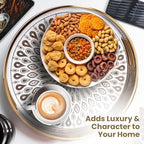HOME ARCHIVE Round Serving Tray with with Handles Antique Look & Stylish Design Decorative Trays for Kitchen Round Ottoman Tray for Dinning Living Room & Home Decor Pack of 2 (White-Gold) - Image 7