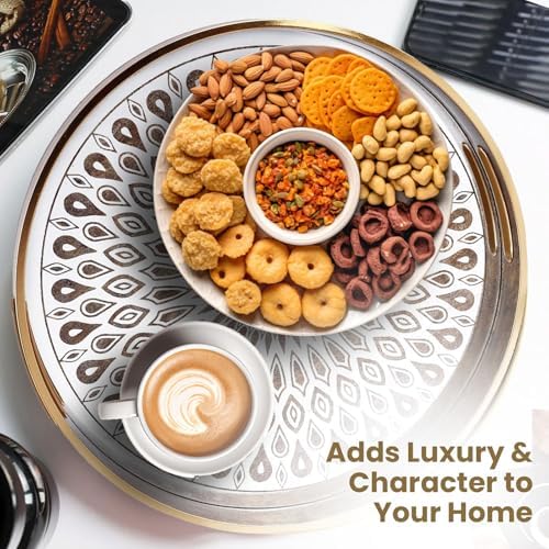 HOME ARCHIVE Round Serving Tray with with Handles Antique Look & Stylish Design Decorative Trays for Kitchen Round Ottoman Tray for Dinning Living Room & Home Decor Pack of 2 (White-Gold) - Image 7