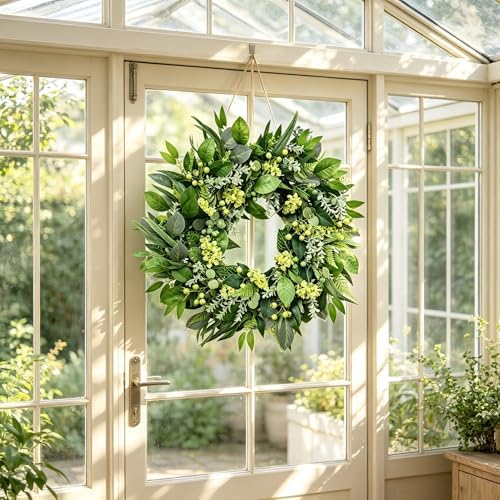 24 Inch All Season Greenery Wreath,Artificial Eucalyptus Wreath for Front Door,Farmhouse Spring Summer Fall Winter Decor, Indoor Outdoor Home Wall Porch Decoration - Image 5