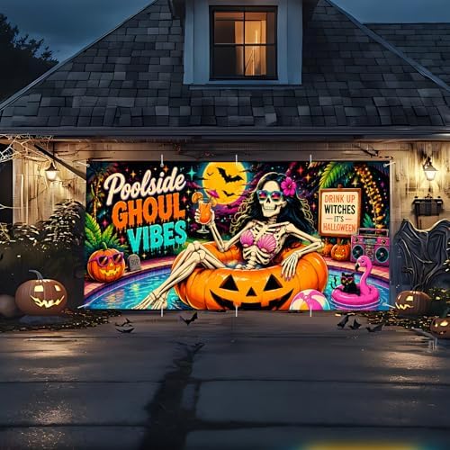 Halloween Garage Door Banner 7x16 FT - Poolside Ghoul Vibes Skeleton gi-rl Cover, Tropical Summerween Pink Flamingo Pumpkin Backdrop Decor for Double Car Garage Door Outdoor Beach Party - Image 3