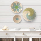 GoGift Wall Basket Decor - Wicker Coastal For Home Baskets Hanging Woven Boho Beach Rattan Seagrass Set of 3 Beige Teal Blue and Light Green - Image 2