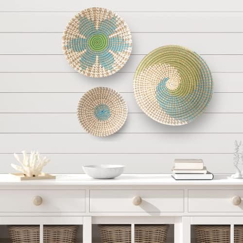 GoGift Wall Basket Decor - Wicker Coastal For Home Baskets Hanging Woven Boho Beach Rattan Seagrass Set of 3 Beige Teal Blue and Light Green - Image 2