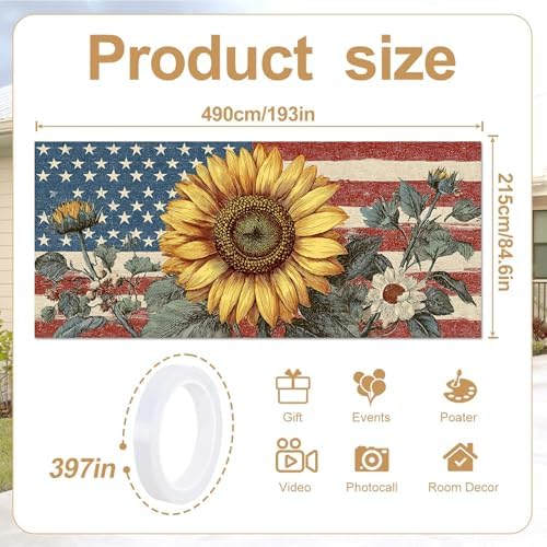 16x7FT Patriotic Garage Door Banner, Ameri-ca Flag with Sunflower Vintage Design, Extra Large Outdoor Garage Door Cover for Independence Day and Home Decor - Image 2