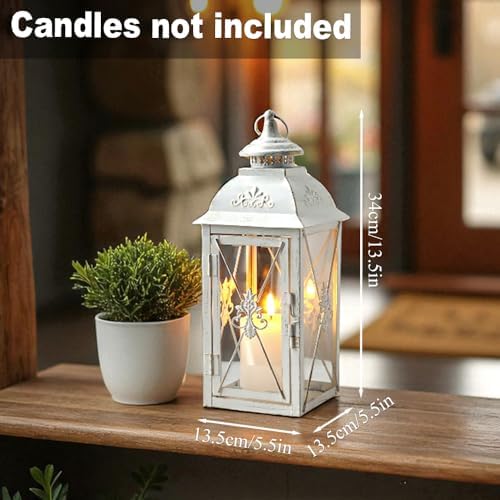 TRIROCKS Set of 2 Vintage Hanging Lantern - 13.5'' Decorative Metal & Tempered Glass Candle Holder - Ideal for Indoor/Outdoor Events, Patio, Garden, Parties White & Gold Brush Finish - Image 3