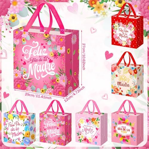 Wesnoy 48 Pcs Spanish Mother's Day Tote Gift Bag Bulk Feliz Dia De Las Madres Gift Bag with Handle Floral Non Woven Candy Bags Reusable for Gifts Wrapping Mother's Day Party Favor, 11.4x10.6x4.7 Inch - Image 2