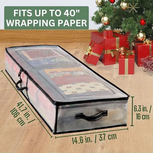 VENO 2 Pack Clear Wrapping Paper Organizer Storage Box for Christmas Gift Bags and Holiday Accessories, Underbed Storage Container with Interior Pockets, 40 Inches Long Fits 24 Rolls (2 Pack) - Image 3