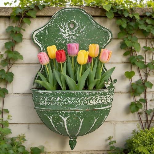 Vintage Rustic Wall Planter Distressed Decor Iron Hanging Plant Basket Shabby Metal Wall Mounted Flower Holder Pot Stand for Indoor Outdoor Home Balcony Patio Farmhouse Garden Decorative Green by Unknown