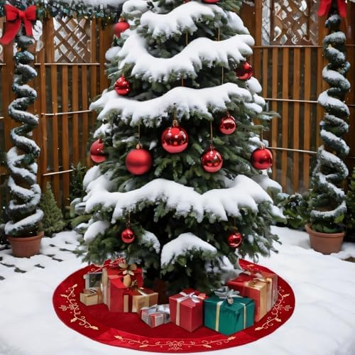 QOUBAI 36inch Christmas Tree Skirt Red Luxury Velvet Plush Fur Skirts with Gold Embroidery Xmas Velvet Tree Skirt Holly Leaves Gold Embroidered Tree Skirt for Christmas Holiday Party Decorations - Image 5
