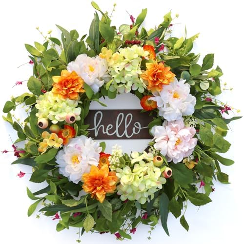 24" Summer Wreaths for Front Door with Hello Sign,Hydrangea Wreath with Dahlias Peonies Berries Eucalyptus.Greenery Wreath for Front Door,Porch,Farmhouse,Wall,Window Inoor Outdoor Decor by AmoriseArtificialFLowers