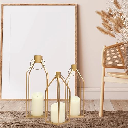 Gold Metal Candle Lanterns Set of 3, Tall Decorative Pillar Candle Holders for Indoor Outdoor Farmhouse Home Decor for Table Centerpiece, Porch, Fireplace, Weddings, Christmas (No Glass, No Candles) - Image 4