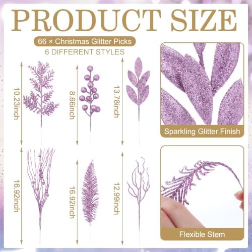 Light Purple 66 Pcs Christmas Glitter Picks and Sprays, Xmas Artificial Floral Stems Branches Berry Leaf Pine for Tree Topper Wreath Garland Centerpiece Holiday Party Home Decor - Image 2
