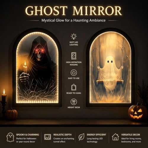 Light Up Ghost Mirror, Novelty Halloween Mirror with Ghost on the Swing, Spooky Light Up Mirrors Holiday Displays, Gothic Halloween Decorations Indoor for Wall Table Mantel Room Home Office Party (#1) - Image 2