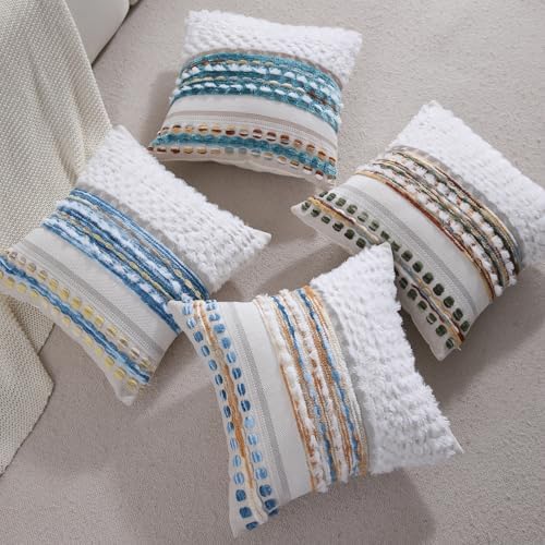 Boho Throw pillow covers 18x18 set of 2 farmhouse decorative Couch pillow covers neutral Accent throw pillows covers striped outdoor cushion covers square textured chenille pillow cases for sofa bed - Image 6