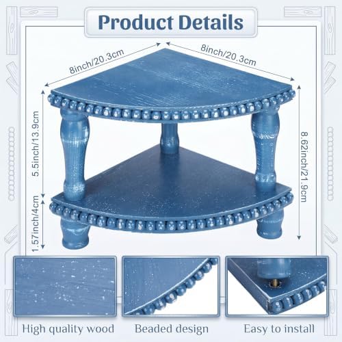 Kigley 2 Tiered Corner Riser for Kitchen Counter Wood Beaded Corner Shelf Blue Wash Countertop Bathroom Counter Organizer Rustic Decorative Pedestal Stand with Removable Feet for Kitchen Coffee Bar - Image 2