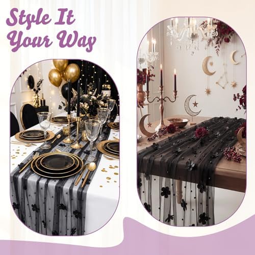 6 Pcs 29x120'' Pearl Tulle Table Runner 10ft Wedding Tablecloth, Black - Image 2