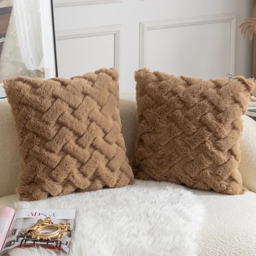Yaertun Set of 2 Decorative Throw Pillow Covers Thick Plush Wool Throw Pillows Super Soft Luxury Faux Rabbit Fur Velvet Cushion Covers for Couch Sofa Bed Living Room 26x26 Inch Camel - Image 2