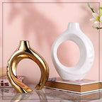 White and Gold Ceramic Vase Set of 2, Modern Donut Vases for Home Decor - Image 3