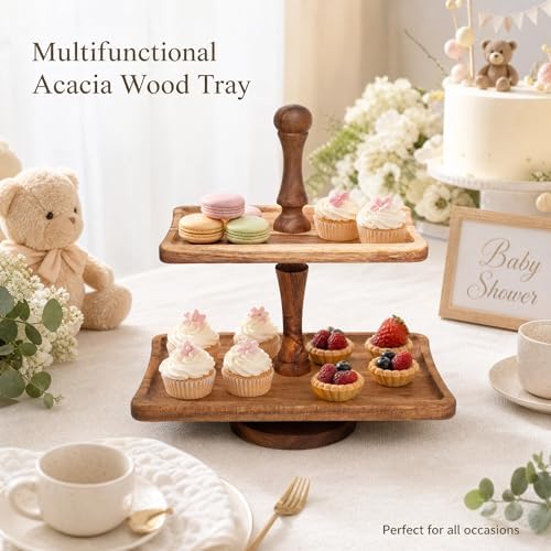 Acacia Wood 2 Tiered Serving Tray, Rectangular - Image 6