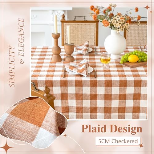 Linen World Gingham Tablecloth – Buffalo Plaid Linen Tablecloth 108" x 60" Inch,100% French Flax Table Cloth for Dining Table,Weddings,Thanksgiving & Christmas Decor,Rust Checkered - Image 3