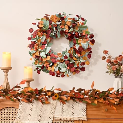 Waipfaru Fall Decor, 22 Inch Fall Wreaths for Front Door, Autumn Door Wreath with Lambs Ears Leave Eucalyptus Leaves Pumpkin Thanksgiving Harvest Halloween Farmhouse Home Porch Indoor Decor(2 PCS) - Image 2