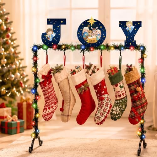 Treela Christmas Stocking Holder Stand for Floor Metal 6 Hook,Joy Nativity by Treela