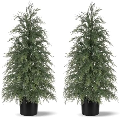 Grooy 3FT Artificial Cedar Topiary Trees, 2 Pack Fake Shrubs with Pot by FEELTHENEWWORLD