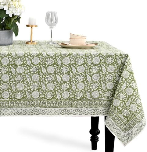 CPC Olive Bloom Block Print 100% Cotton Rectangle Tablecloth 52x70 Inch by COTTONPRINTCLUB