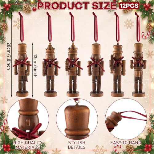 Amyhill 12 Pack Christmas Nutcracker Ornaments 5 Inch Rustic Wood Nutcracker Soldier Figurines with Velvet Bow and Hanging String Vintage Tree Decorations for Christmas Tree Mantle Holiday Decor - Image 2