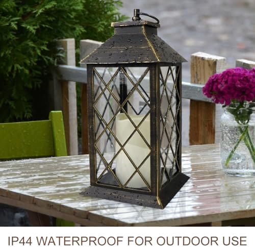 2-Pack 13.5" Vintage Candle Lantern with LED Candle (Distressed Gold, 6hr Timer) - IP44 Waterproof Outdoor Hanging Lanterns Battery Powered - Tabletop Lantern Decorative Home Lanterns - Image 4