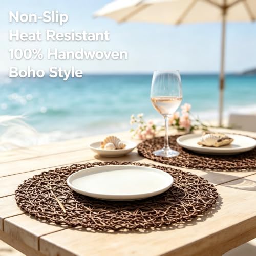 IcosaMro Round Woven Placemats Set of 12 for Dining Table, 15 Inches Paper Boho Decorative Circle Place Mats for Wedding Christmas Thanksgiving Day Holiday Dinner (Tan Brown) - Image 5