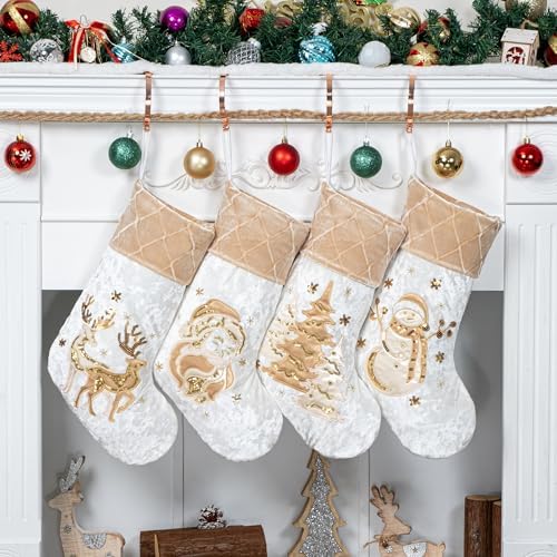 LUBOT New Christmas Stockings Set of 4 Embroidered 20" Xmas Family Traditional Fireplace Hanging Gold Sequin Decor Velvet Satin Fabric Gifts for Christmas Holiday by LUBOT