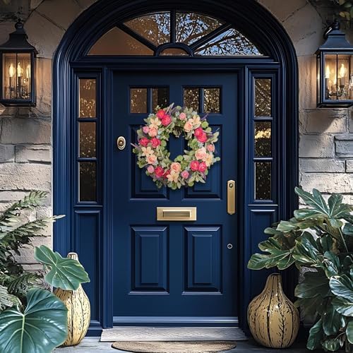 24 Inch Spring Wreath for Front Door, Magenta Pink Rose Floral Wreath with Lavender, Eucalyptus, Lamb's Ear and Blue Wildflowers, Silk Summer Wreath for Home Porch Wall Window Seasonal Decor - Image 5