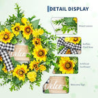 Garvee 20 Inch Sunflower Wreath with Welcome Sign, Spring Summer Wreaths for Front Door with Yellow Blooms and Buffalo Plaid Bow, for Farmhouse Porch Window Wall Home Decor - Image 5