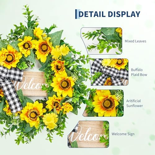 Garvee 20 Inch Sunflower Wreath with Welcome Sign, Spring Summer Wreaths for Front Door with Yellow Blooms and Buffalo Plaid Bow, for Farmhouse Porch Window Wall Home Decor - Image 5