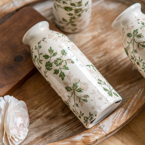 Teweiqi Vintage Vase Set of 3, Ceramic Flower Vases Chinoiserie Decor, Rustic Farmhouse Vases Retro Decorative Vases, for Home Living Room Kitchen Table Mantle Shelf Decor - Green and White - Image 5