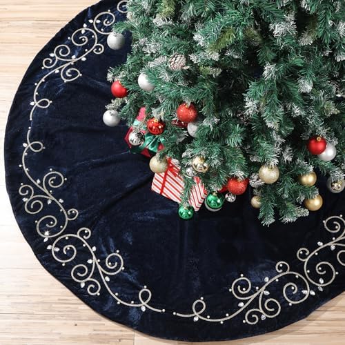 48inch Christmas Tree Skirt Navy Blue Luxury Velvet Plush Fur Skirts Baroque Tree Skirts with Gold Embroidered Pearls and Crystals Xmas Velvet Trees Skirt for Christmas Holiday Party Home Decorations - Image 6