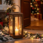18" High Decorative Wood and Glass Lantern with Metal Handle, Brown Whitewash, Candle Holder (Brown, Large) - Image 3
