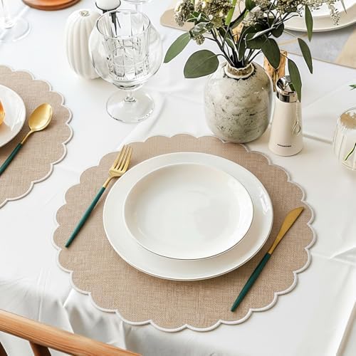 Set of 24 Linen Boho Cotton Placemats 15" Round Scalloped White - Image 4