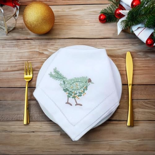 -Embroidered Cloth Napkin Green Bird Christmas Cotton Napkin, Set of 6, 20x20 Hemstitch Table Napkin, Machine Washable Elegant Holiday, Everyday Dinner Napkin, Great Gift Idea - Image 6