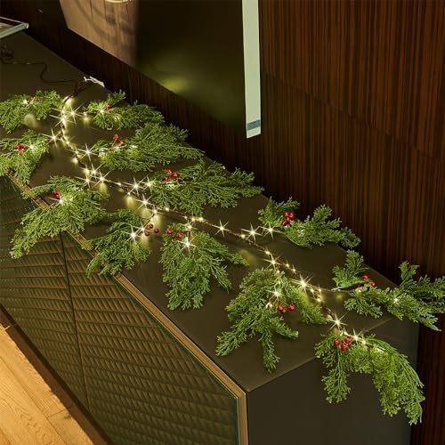 Birchlitland Christmas Garland with Lights Cadar Lighted Garland Battery Operated with Timer or USB Light 6FT 80 LED Fairy Lights, Faux Vine with Lights for Mantel Fireplace and Holiday Decor by Birchlitland