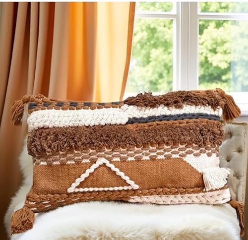 Decorative Throw Pillow Cover 12x20 Knitted Lumbar Pillow Tufted Accent with Tassels for Couch Bed Sofa Cotton Wool Woven Boho Handwoven Pillow (Neutral/Earth Tone) - Image 4
