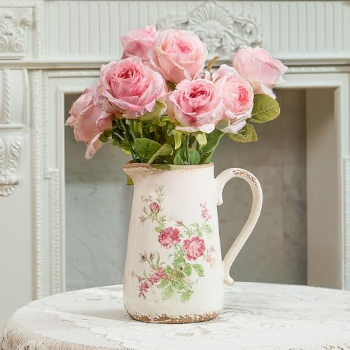 Retro Rustic Large Ceramic Vase with Handle, Distressed Farmhouse Pitcher for Home, Ideal Shelf Decor, Red Rose Floral Vase for Living Room Bedroom Office Table Centerpiece Decorations 9 Inch by TEWEIQI