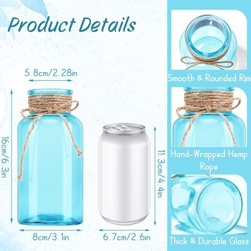 6 Pack Mason Jar Vases for Centerpieces, Aqua Blue Glass Flower Vase - Image 2