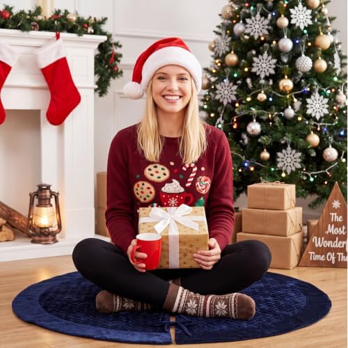 Arrowbash 48 Inch Velvet Christmas Tree Skirt Quilted Tree Skirt, Navy Blue - Image 5