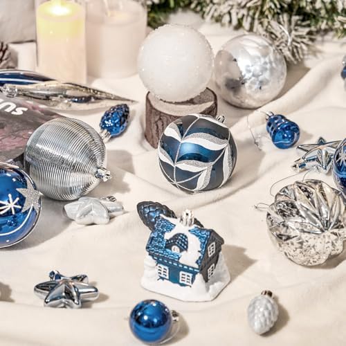 JORNOY 106Pcs Christmas Ornaments Bulk, Shatterproof Plastic Hanging Balls Bulbs Assorted Decor for Tree Decorations Home Holiday Party with Lanyard, Silver & Blue - Image 3