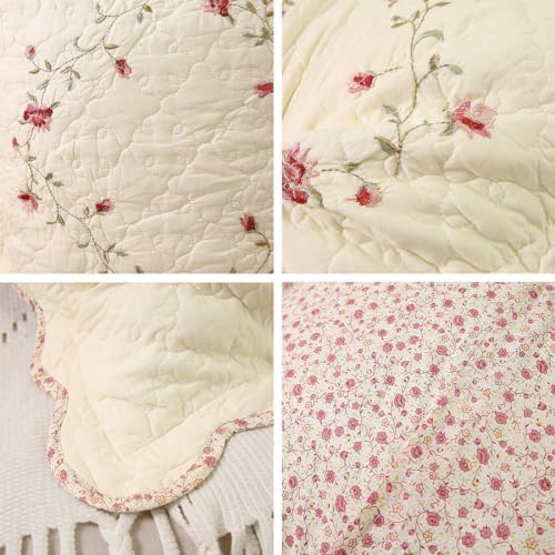 vctops Set of 2 Cotton Quilted Embroidered Decorative Square Throw Pillow Covers with Scalloped Floral Soft Cushion Case for Couch Sofa Bed (Flower D,18"x18") - Image 6