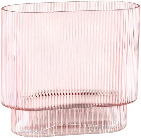 Ribbed Glass Vase, Pink Glass Vase, Fluted Short Vases for Flowers, Modern Vases for Living Room, Dining Room, Bathroom, Desk, Shelf, Wedding, Office, 7 Inches by YANWE